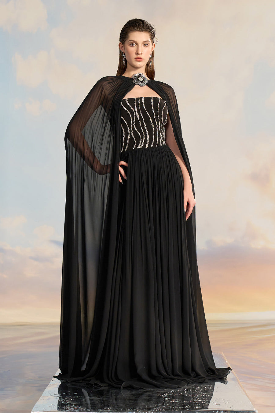 Almira Fit and Flare Cape Shoulder Chiffon Floor Length Set Gown Dress 21Six