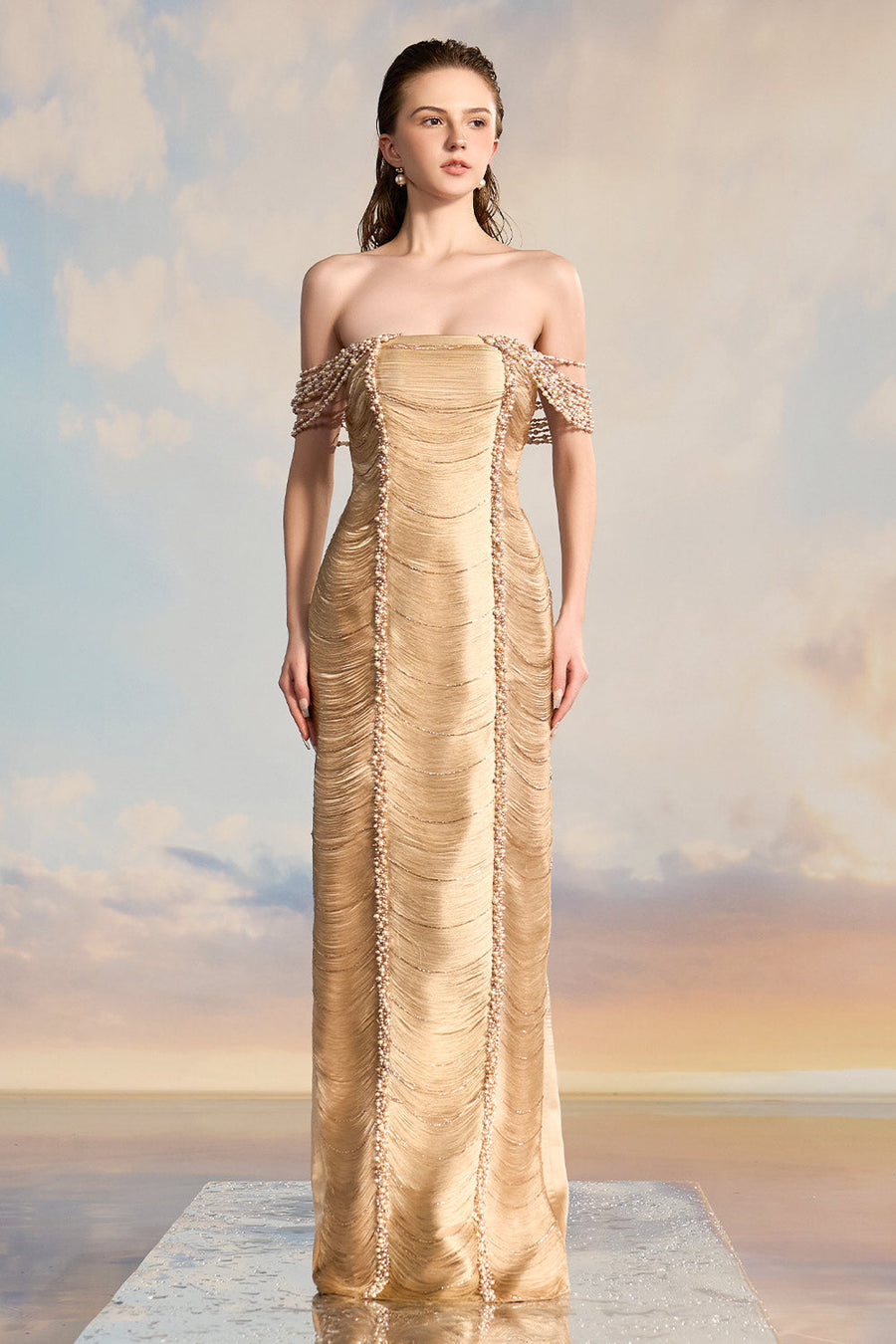 Amanda Sheath Off-Shoulder Silk Satin Floor Length Dress Gown Dress 21Six