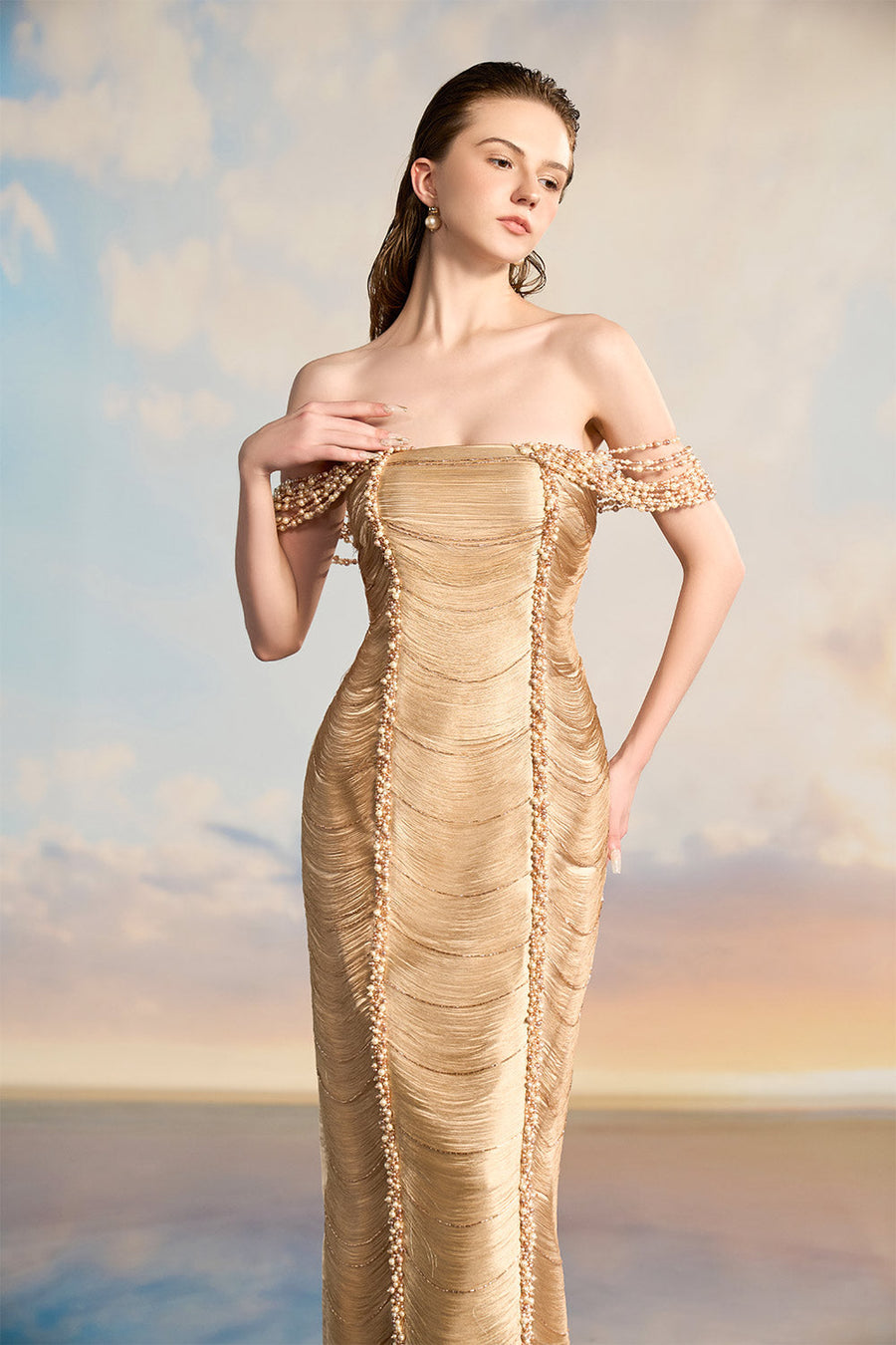 Amanda Sheath Off-Shoulder Silk Satin Floor Length Dress Gown Dress 21Six