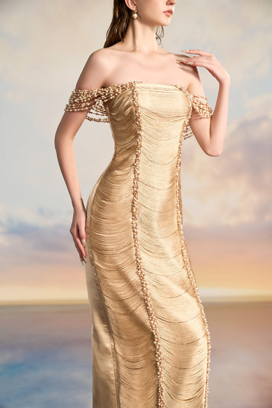Amanda Sheath Off-Shoulder Silk Satin Floor Length Dress Gown Dress 21Six