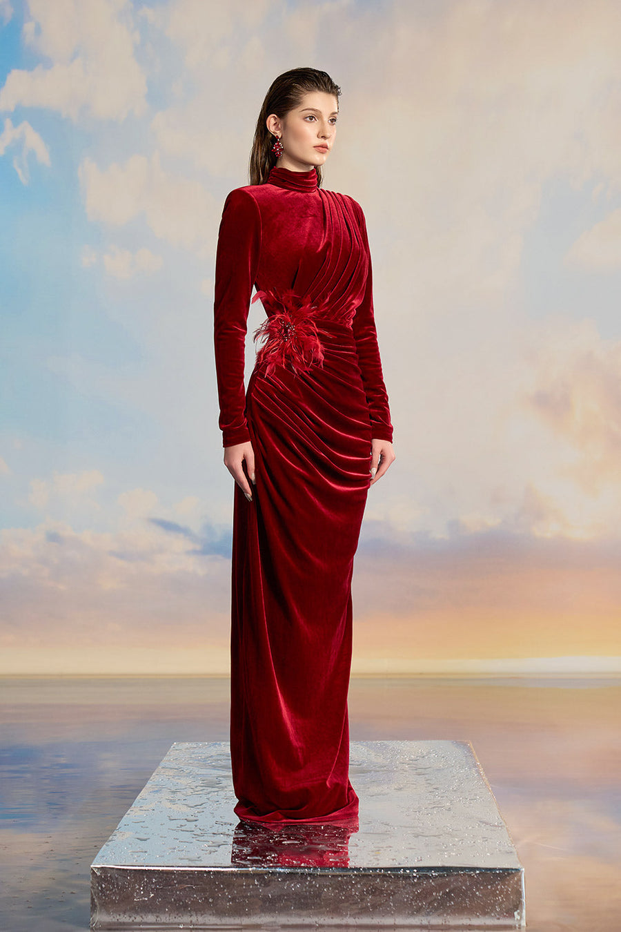 Lilybelle Sheath Turtle Neck Velvet Floor Length Dress Gown Dress 21Six