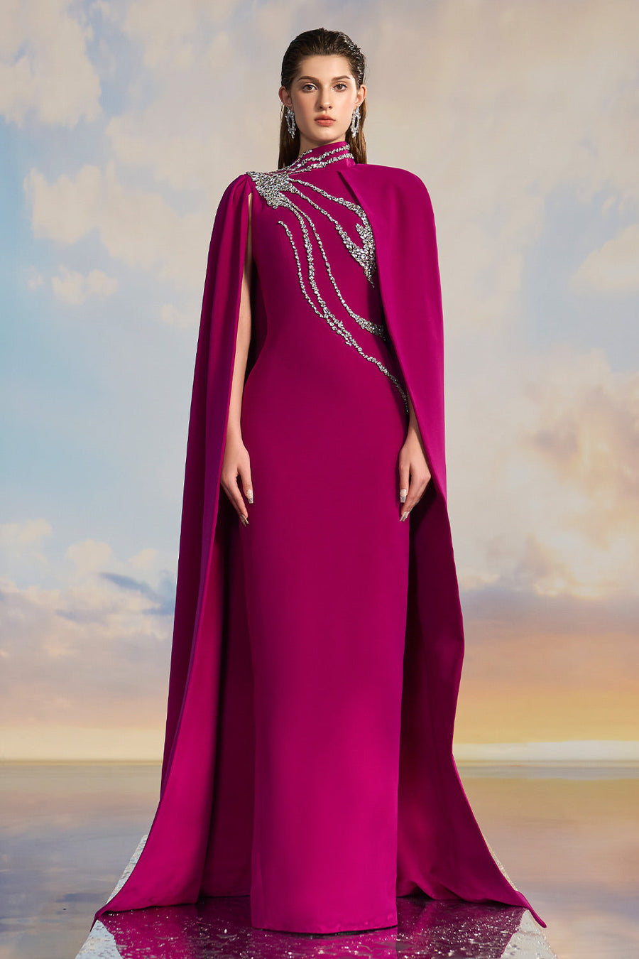 Veronica Sheath Asymmetric Sleeved Crepe Floor Length Dress Gown Dress 21Six