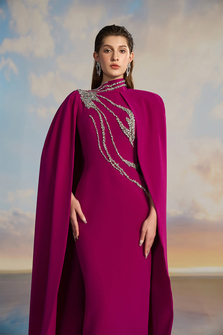 Veronica Sheath Asymmetric Sleeved Crepe Floor Length Dress Gown Dress 21Six