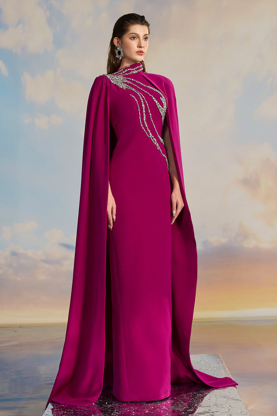 Veronica Sheath Asymmetric Sleeved Crepe Floor Length Dress Gown Dress 21Six