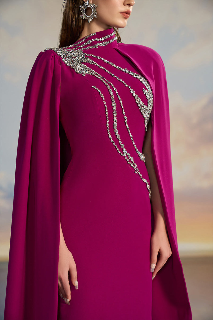 Veronica Sheath Asymmetric Sleeved Crepe Floor Length Dress Gown Dress 21Six