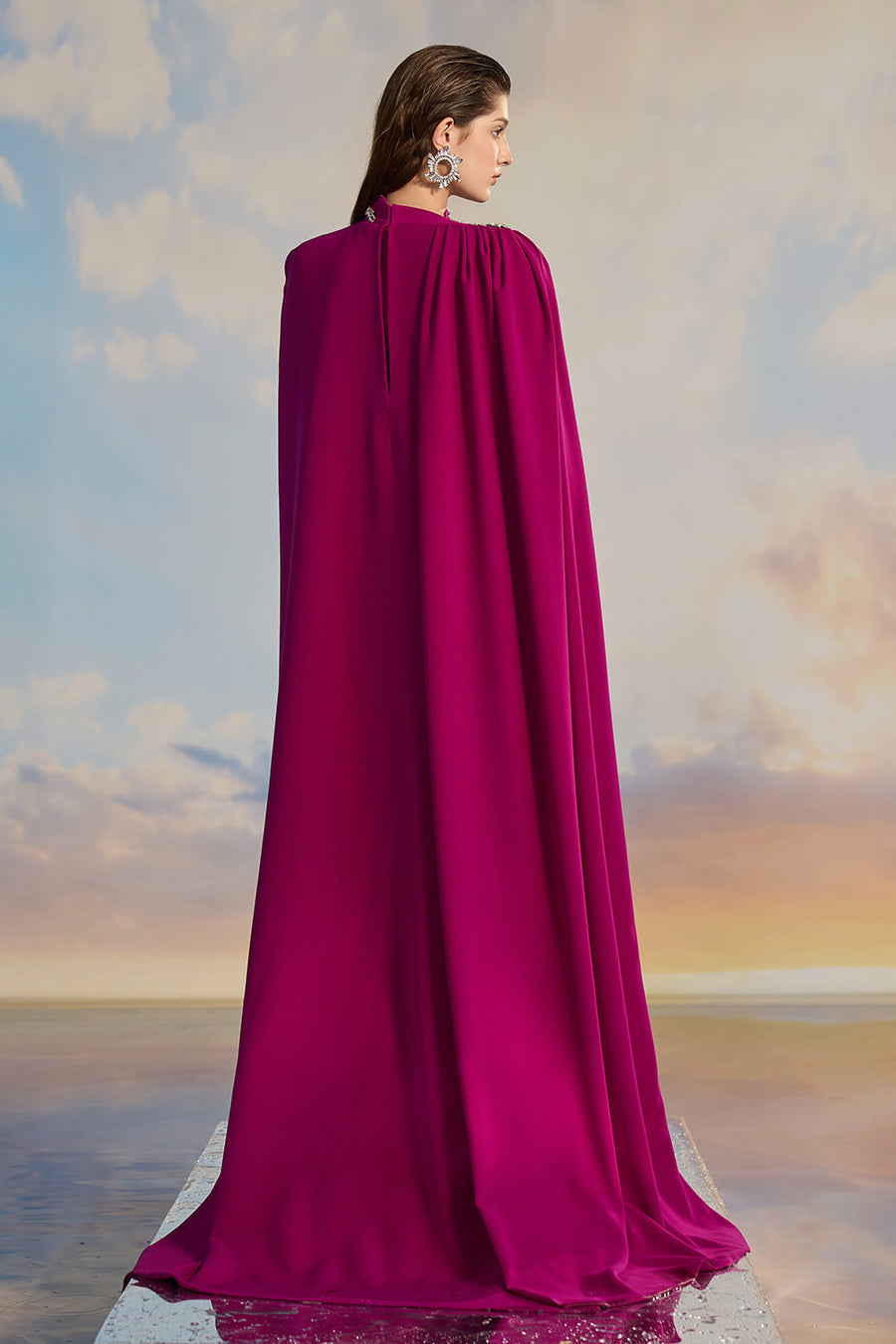 Veronica Sheath Asymmetric Sleeved Crepe Floor Length Dress Gown Dress 21Six