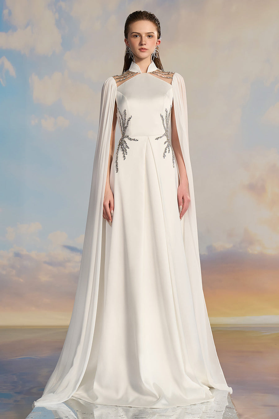 Jasmine A-line Cape Sleeved Silk Satin Floor Length Dress Gown Dress 21Six