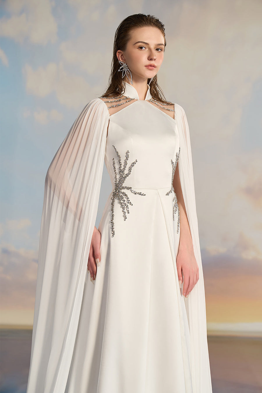 Jasmine A-line Cape Sleeved Silk Satin Floor Length Dress Gown Dress 21Six