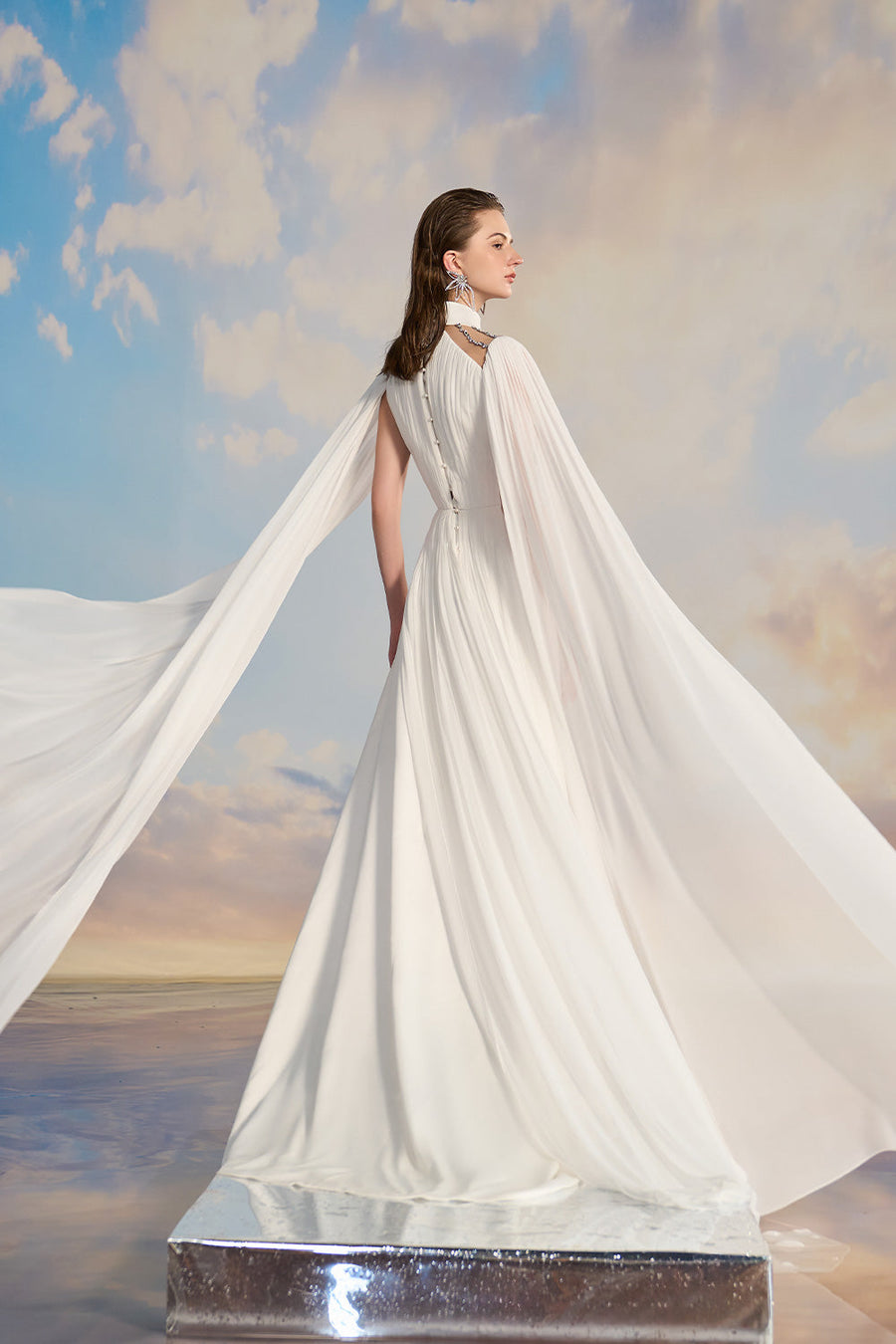 Jasmine A-line Cape Sleeved Silk Satin Floor Length Dress Gown Dress 21Six