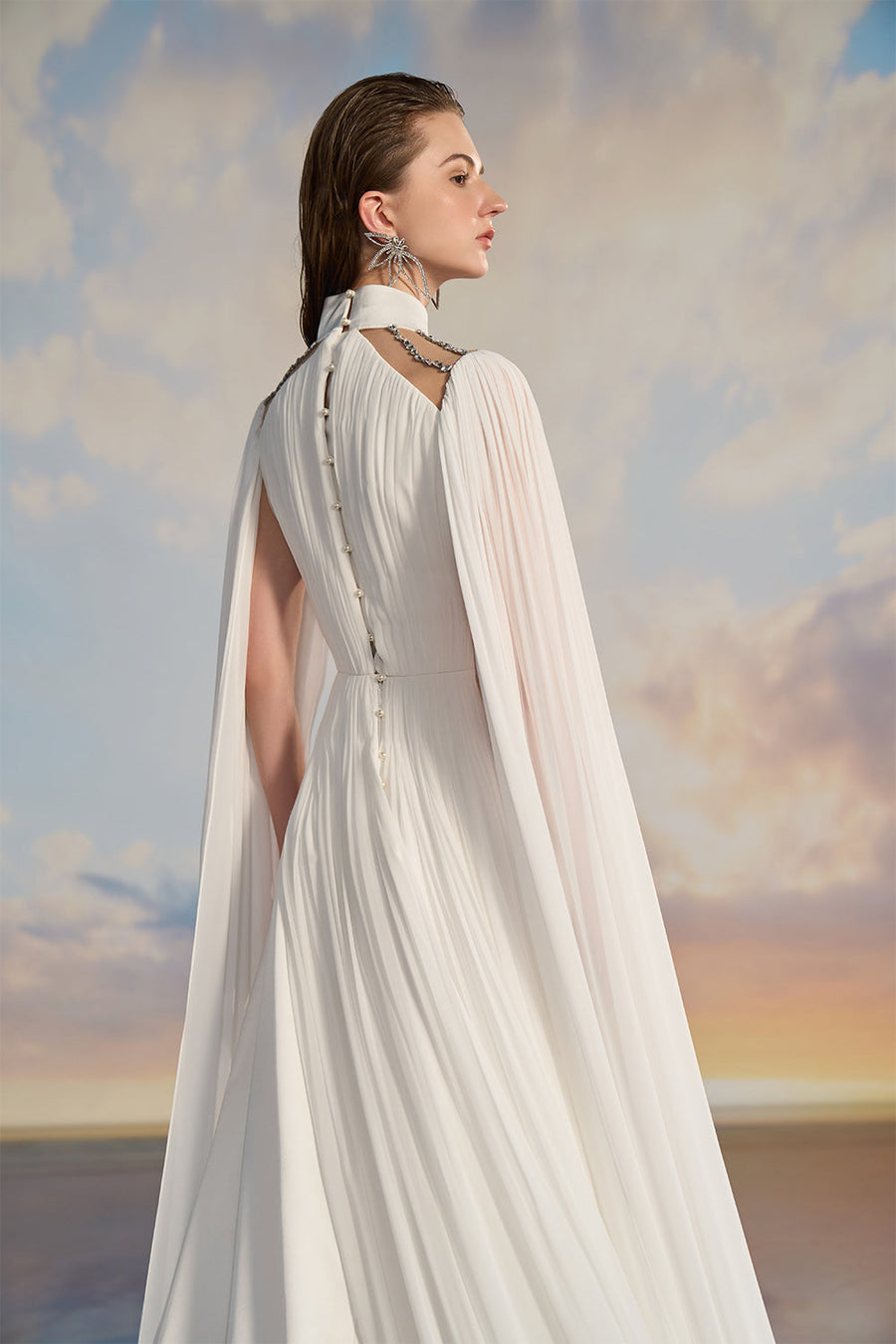 Jasmine A-line Cape Sleeved Silk Satin Floor Length Dress Gown Dress 21Six