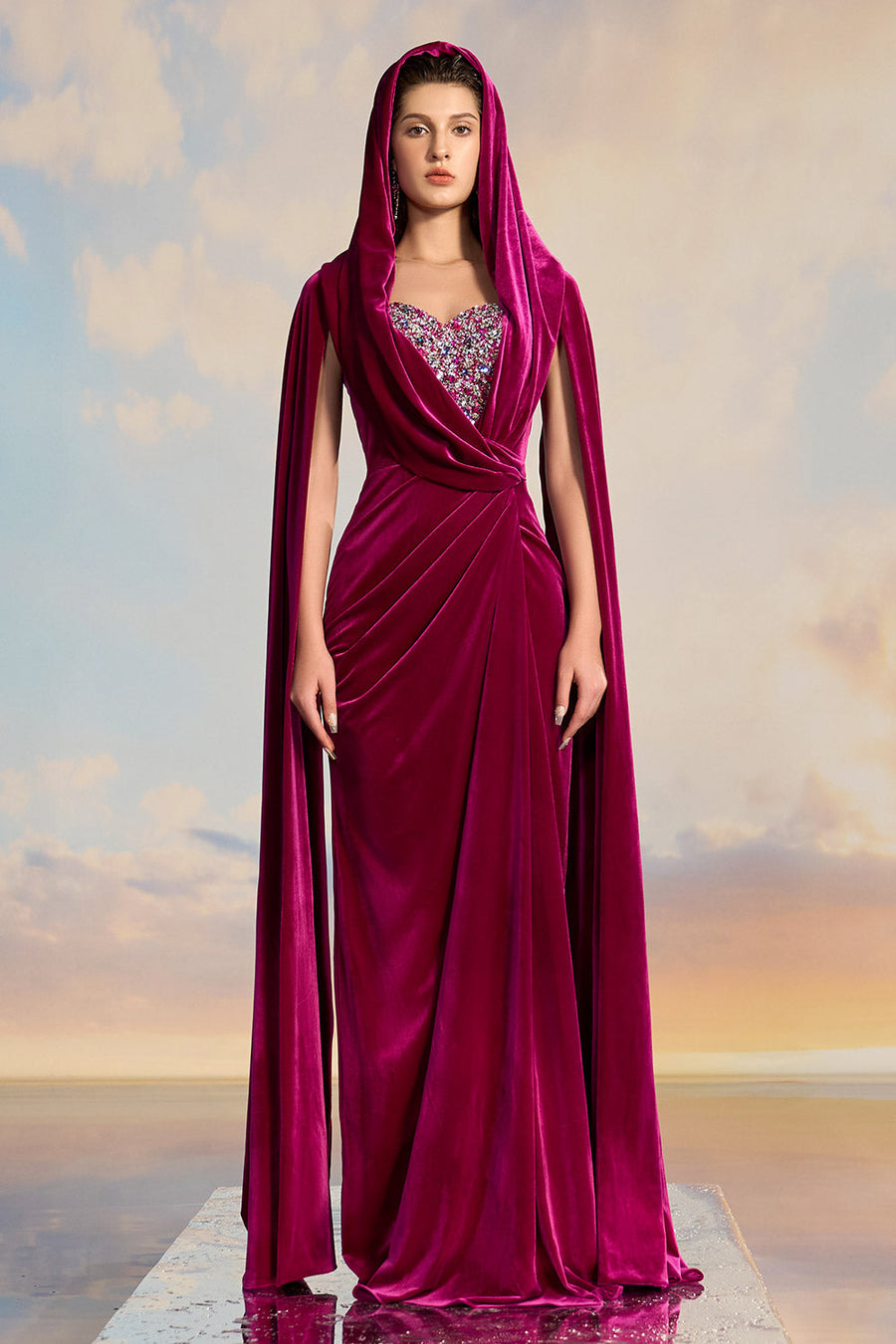Freya Crossover Hooded Neck Velvet Floor Length Dress Gown Dress 21Six