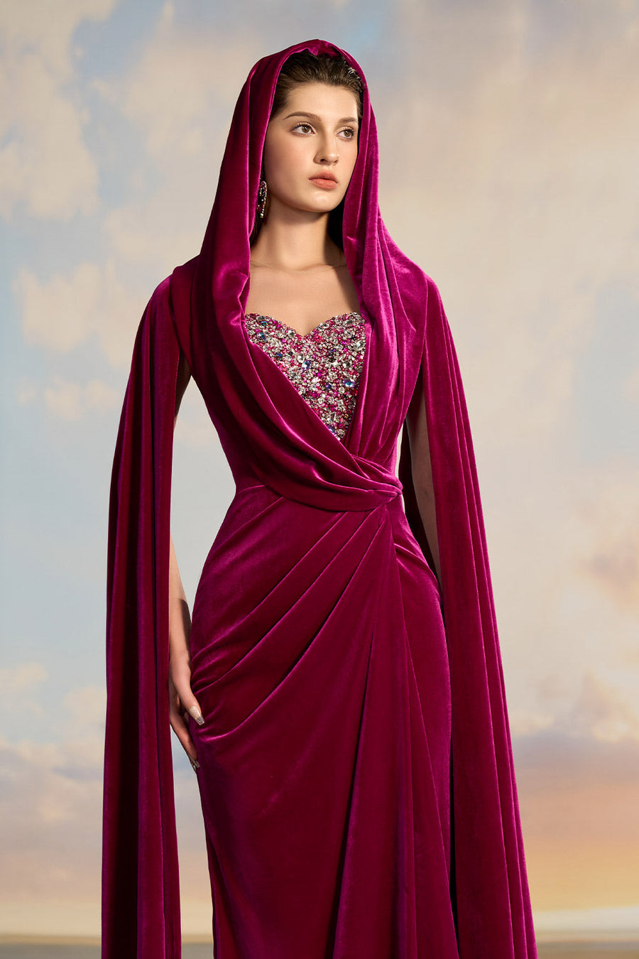 Freya Crossover Hooded Neck Velvet Floor Length Dress Gown Dress 21Six