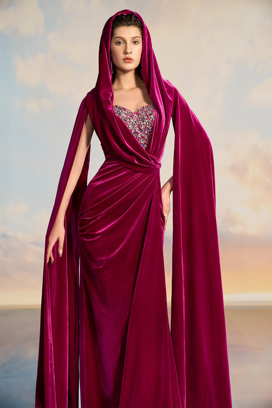 Freya Crossover Hooded Neck Velvet Floor Length Dress Gown Dress 21Six