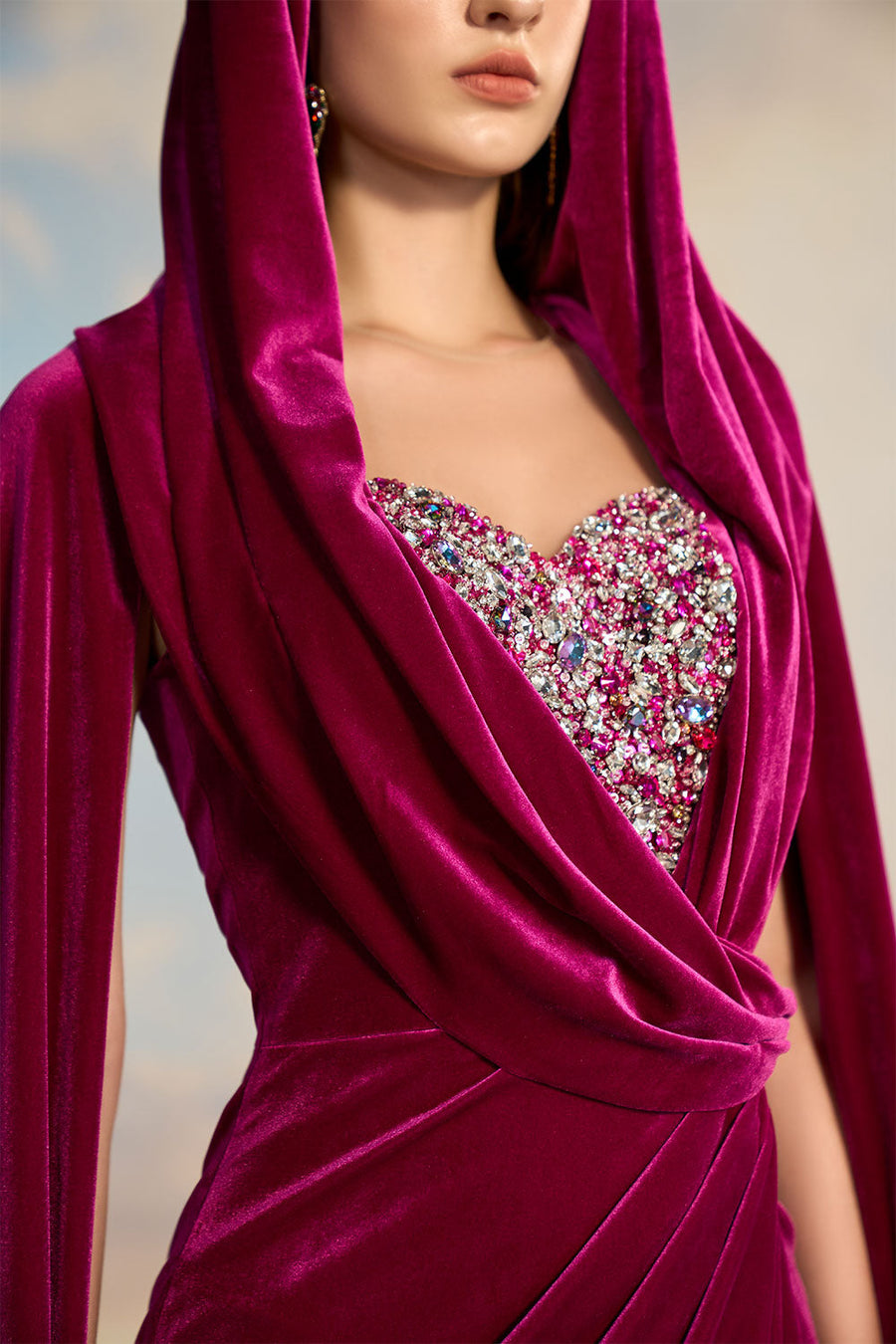 Freya Crossover Hooded Neck Velvet Floor Length Dress Gown Dress 21Six