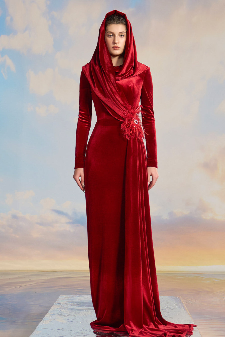 Jazzie Sheath Hooded Neck Velvet Floor Length Dress Gown Dress 21Six