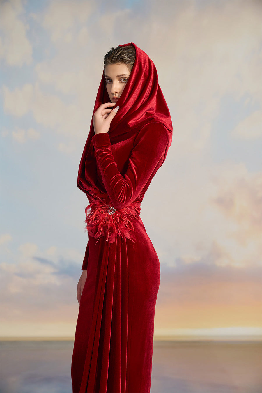 Jazzie Sheath Hooded Neck Velvet Floor Length Dress Gown Dress 21Six