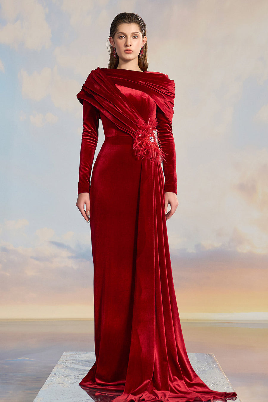 Jazzie Sheath Hooded Neck Velvet Floor Length Dress Gown Dress 21Six