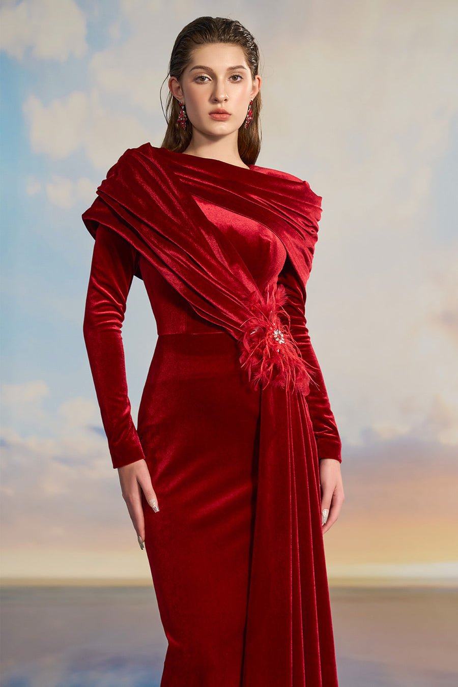 Jazzie Sheath Hooded Neck Velvet Floor Length Dress Gown Dress 21Six