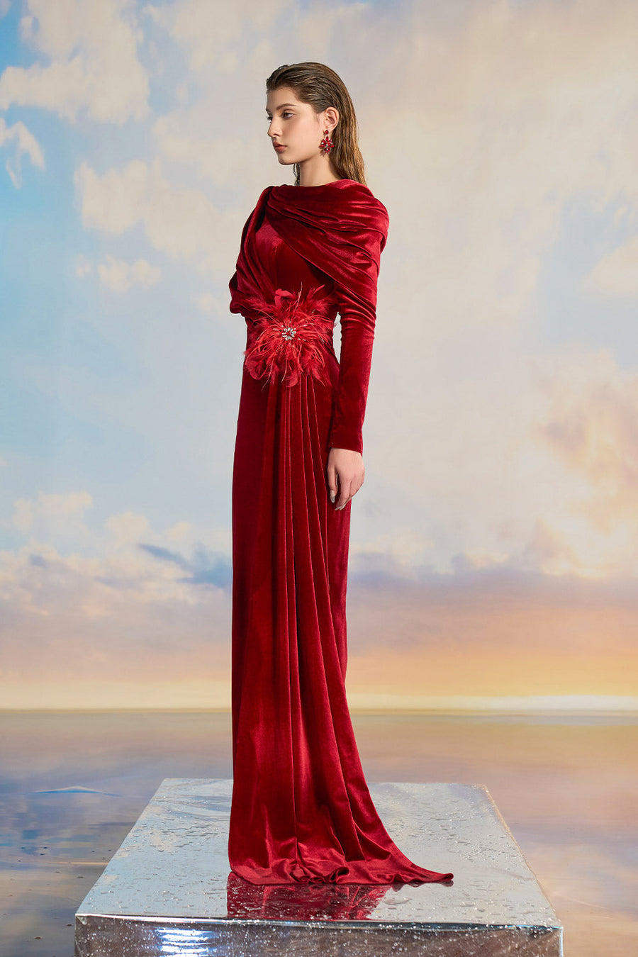 Jazzie Sheath Hooded Neck Velvet Floor Length Dress Gown Dress 21Six
