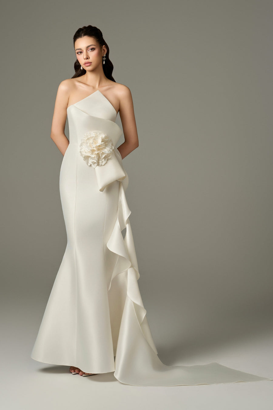 Isabella Acetate Bandeau Fishtail Gown With 3D Large Flower 1