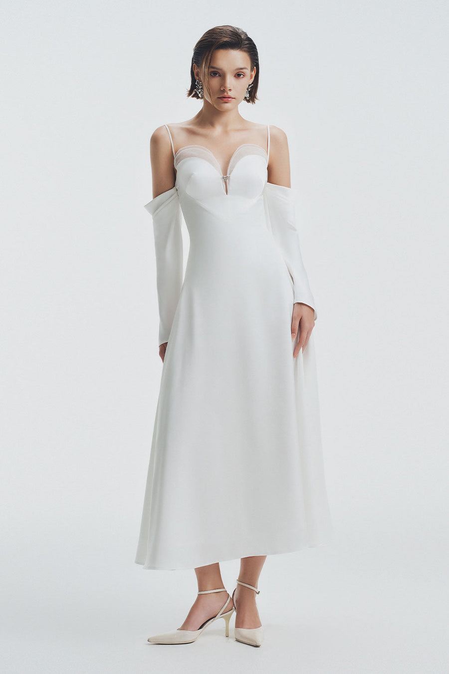 Krysten A-line Cold Shoulder Sleeved Silk Midi Dress Midi Dress LaLING