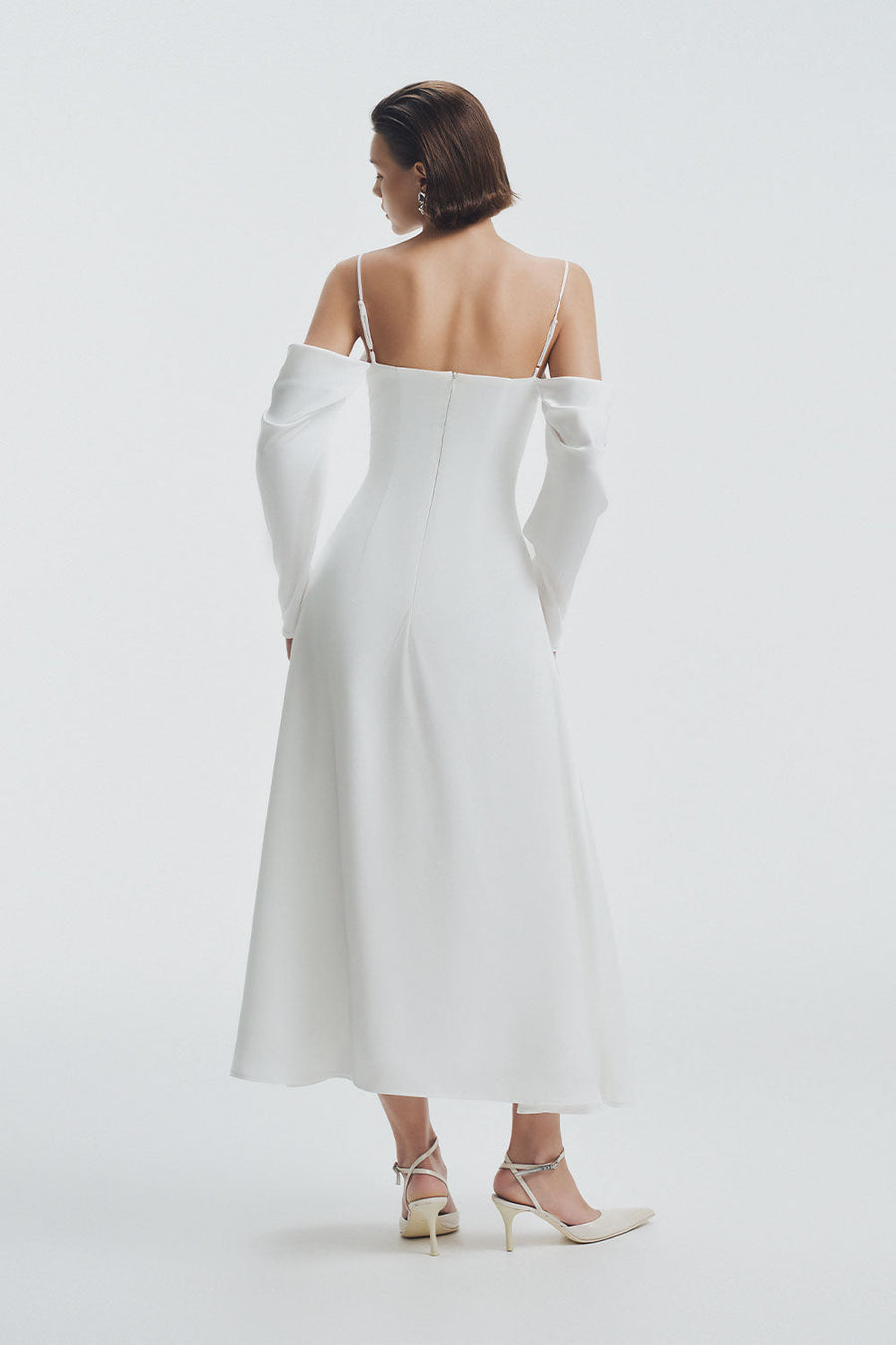 Krysten A-line Cold Shoulder Sleeved Silk Midi Dress Midi Dress LaLING