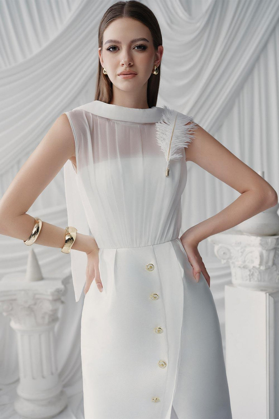 Wyn Tulip Sleeveless Organza Midi Dress White Midi Dress LaLING