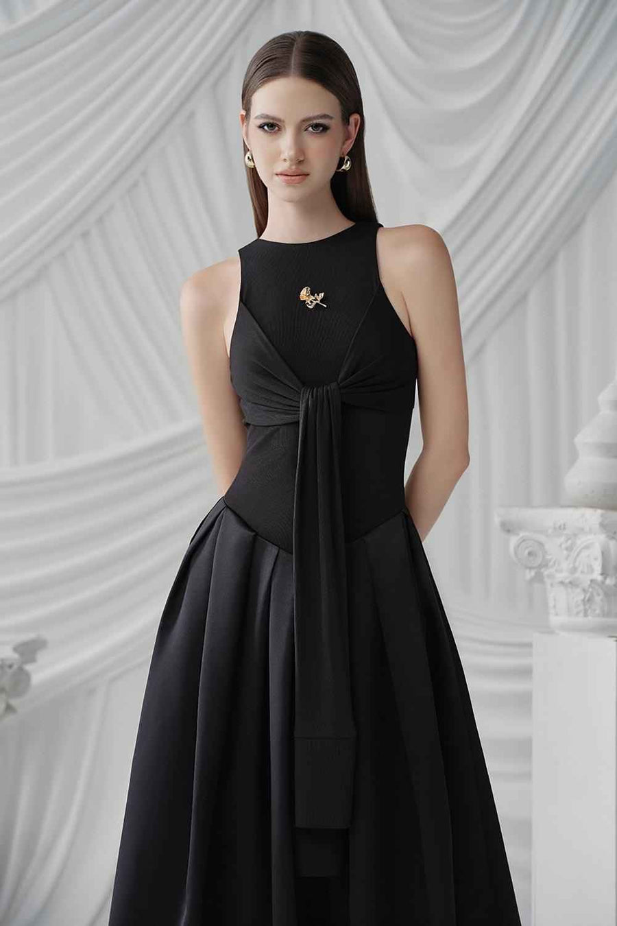Trixie A-line Cold Shoulder Sleeved Cotton Jersey Ankle Length Dress Black Maxi Dress LaLING