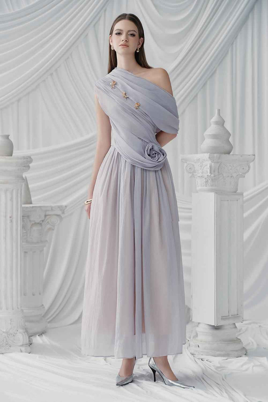 Viella Gathered Draped Organza Ankle Length Dress Maxi Dress LaLING
