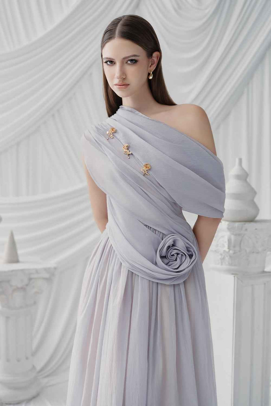 Viella Gathered Draped Organza Ankle Length Dress Light Grey Maxi Dress LaLING