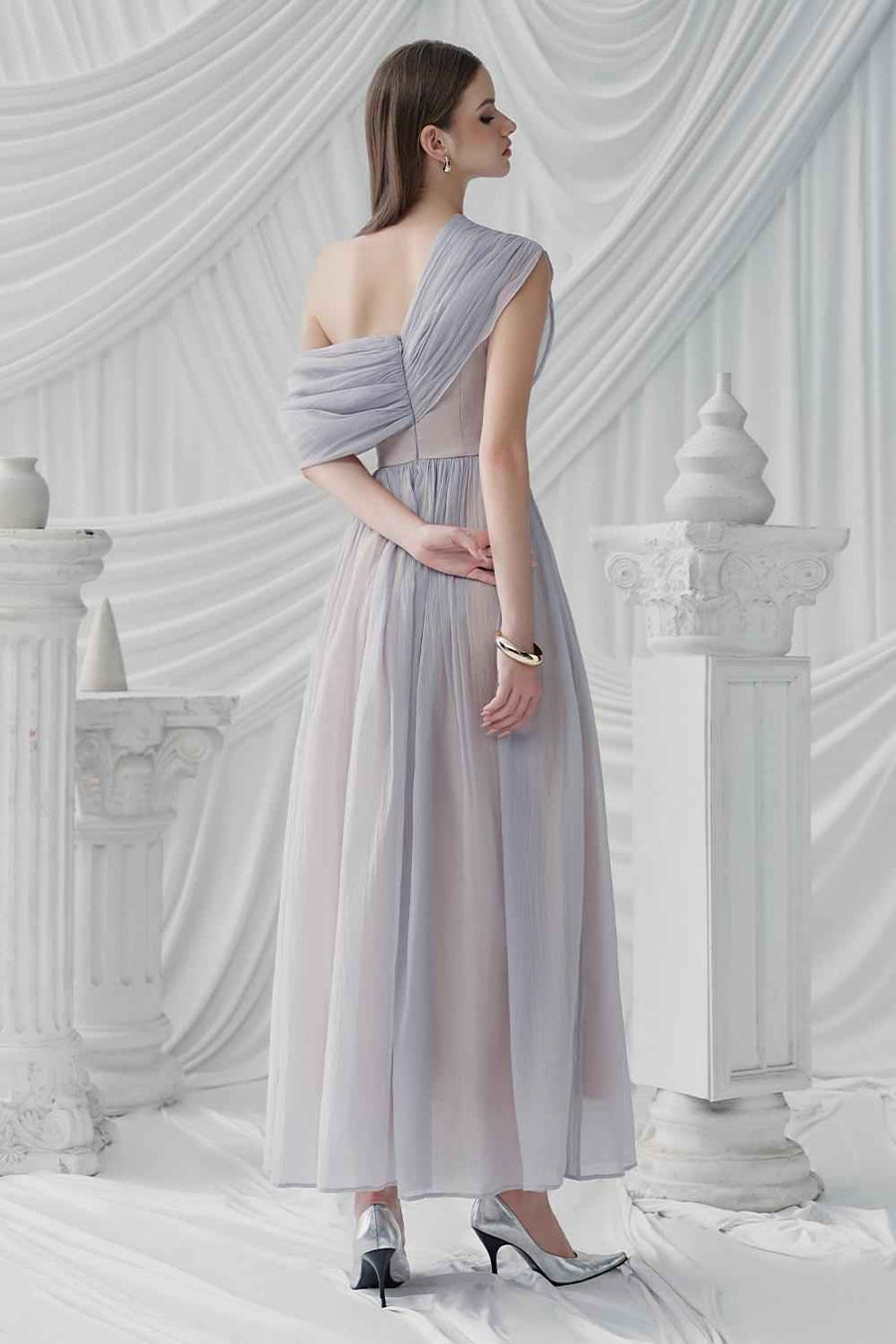 Viella Gathered Draped Organza Ankle Length Dress Maxi Dress LaLING