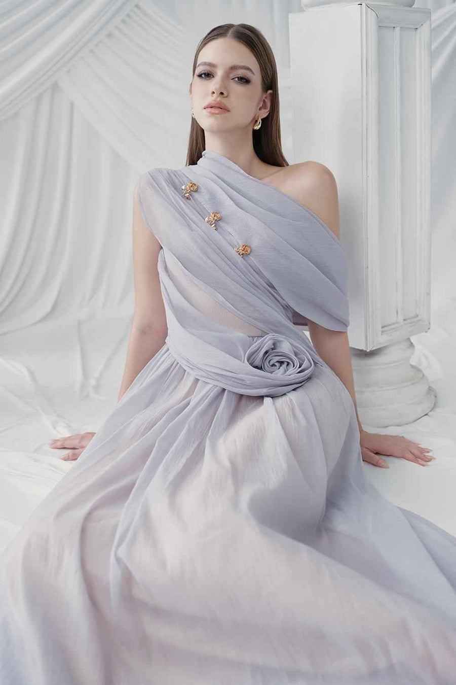 Viella Gathered Draped Organza Ankle Length Dress Maxi Dress LaLING