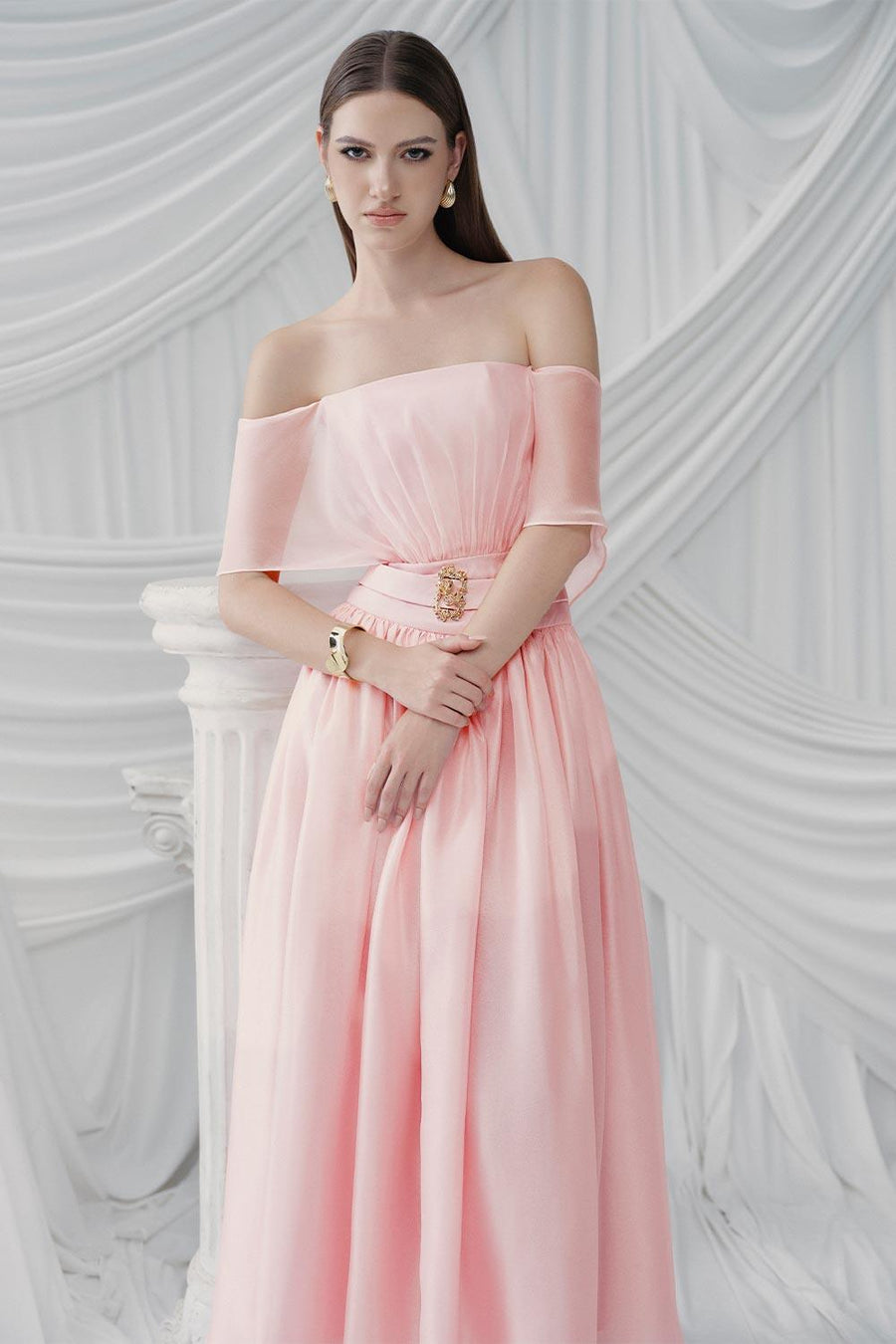 Rosine Gathered Off-Shoulder Silk Organza Midi Dress Pastel Pink Midi Dress LaLING