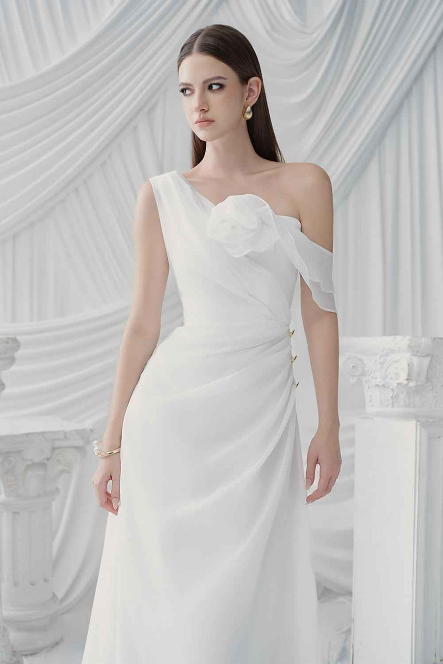 Adora A-line Asymmetric Neck Silk Organza Ankle Length Dress White Maxi Dress LaLING