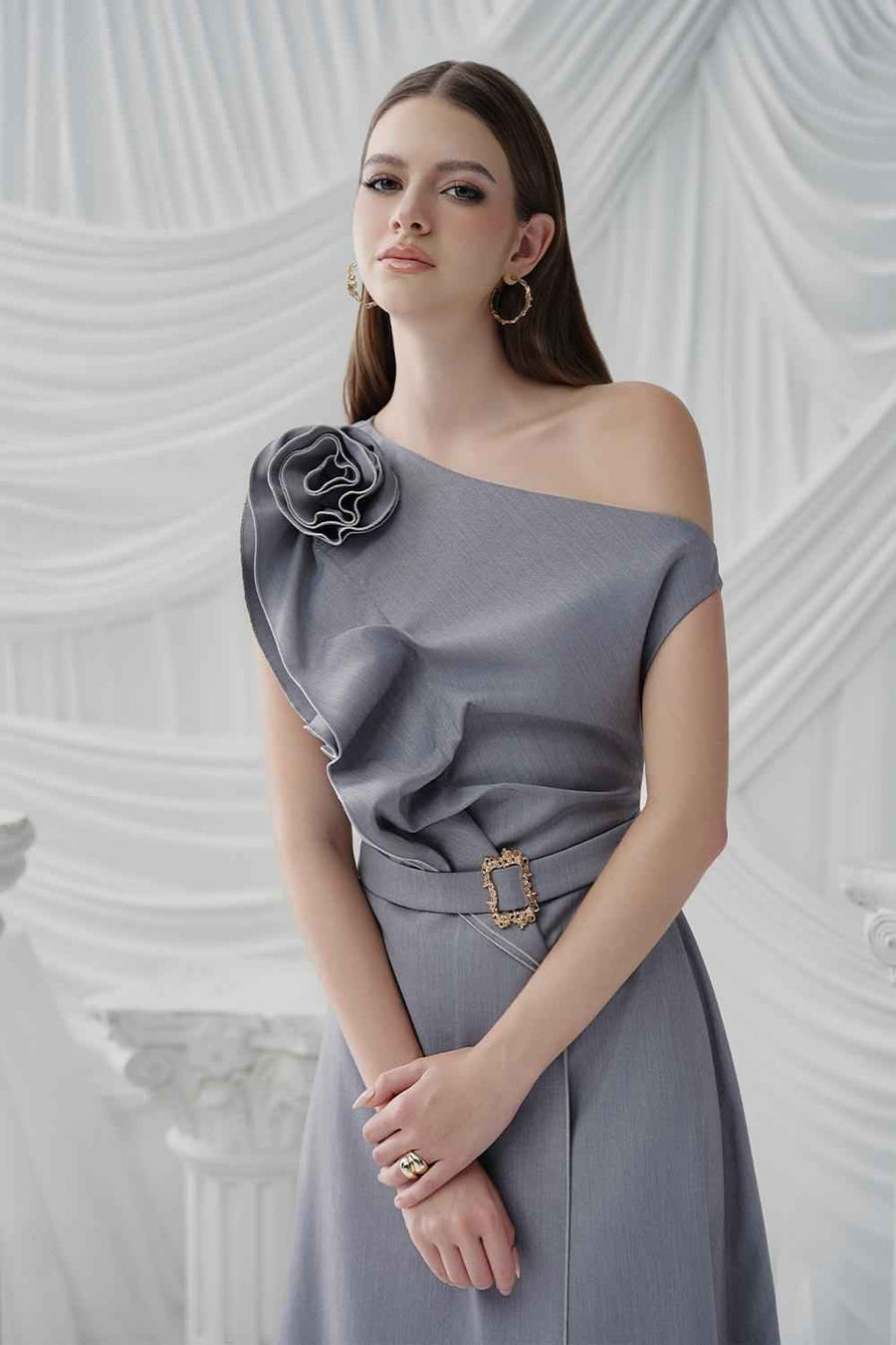 Anastasia A-line Diagonal Neck Chino Ankle Length Dress Maxi Dress LaLING