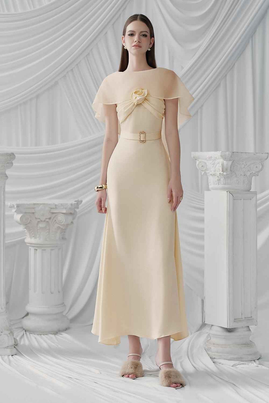 Pearly A-line Boat Neck Silk Ankle Length Dress Maxi Dress LaLING