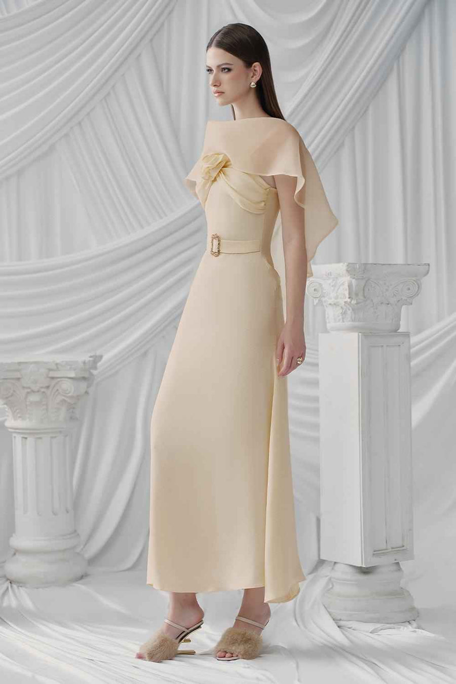 Pearly A-line Boat Neck Silk Ankle Length Dress Maxi Dress LaLING