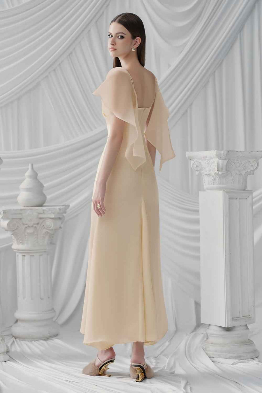 Pearly A-line Boat Neck Silk Ankle Length Dress Maxi Dress LaLING