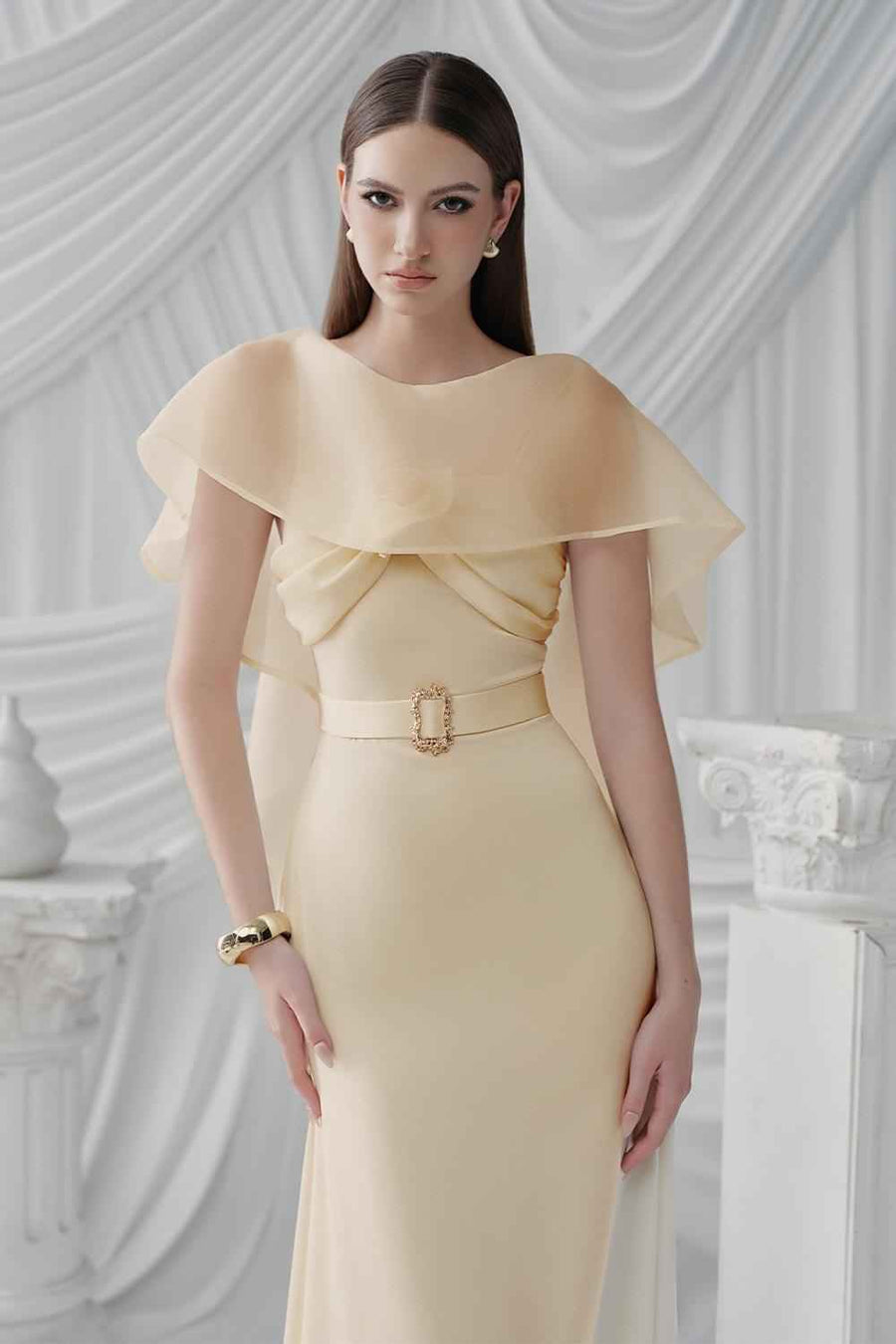 Pearly A-line Boat Neck Silk Ankle Length Dress Ivory White Maxi Dress LaLING