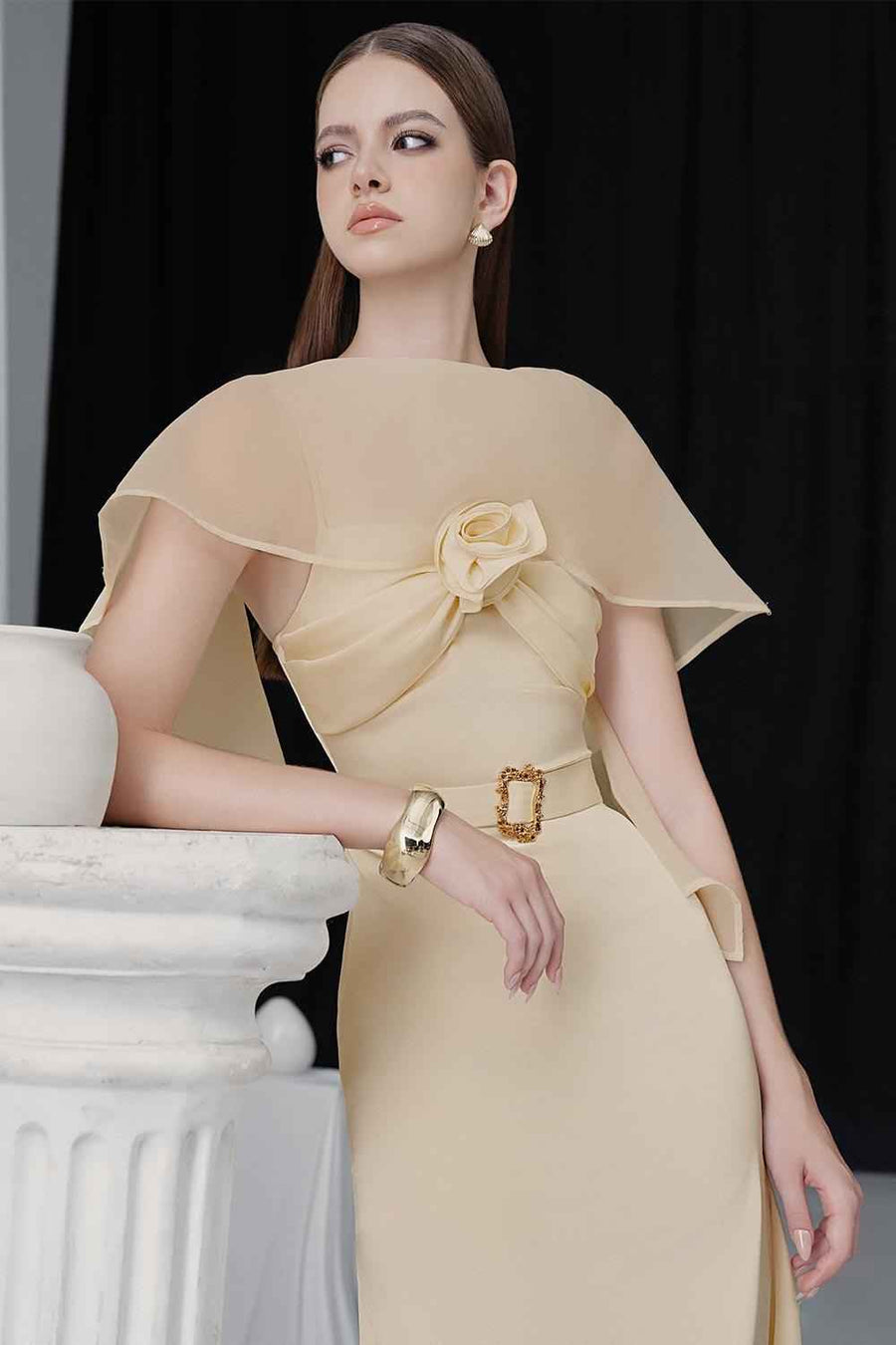Pearly A-line Boat Neck Silk Ankle Length Dress Maxi Dress LaLING
