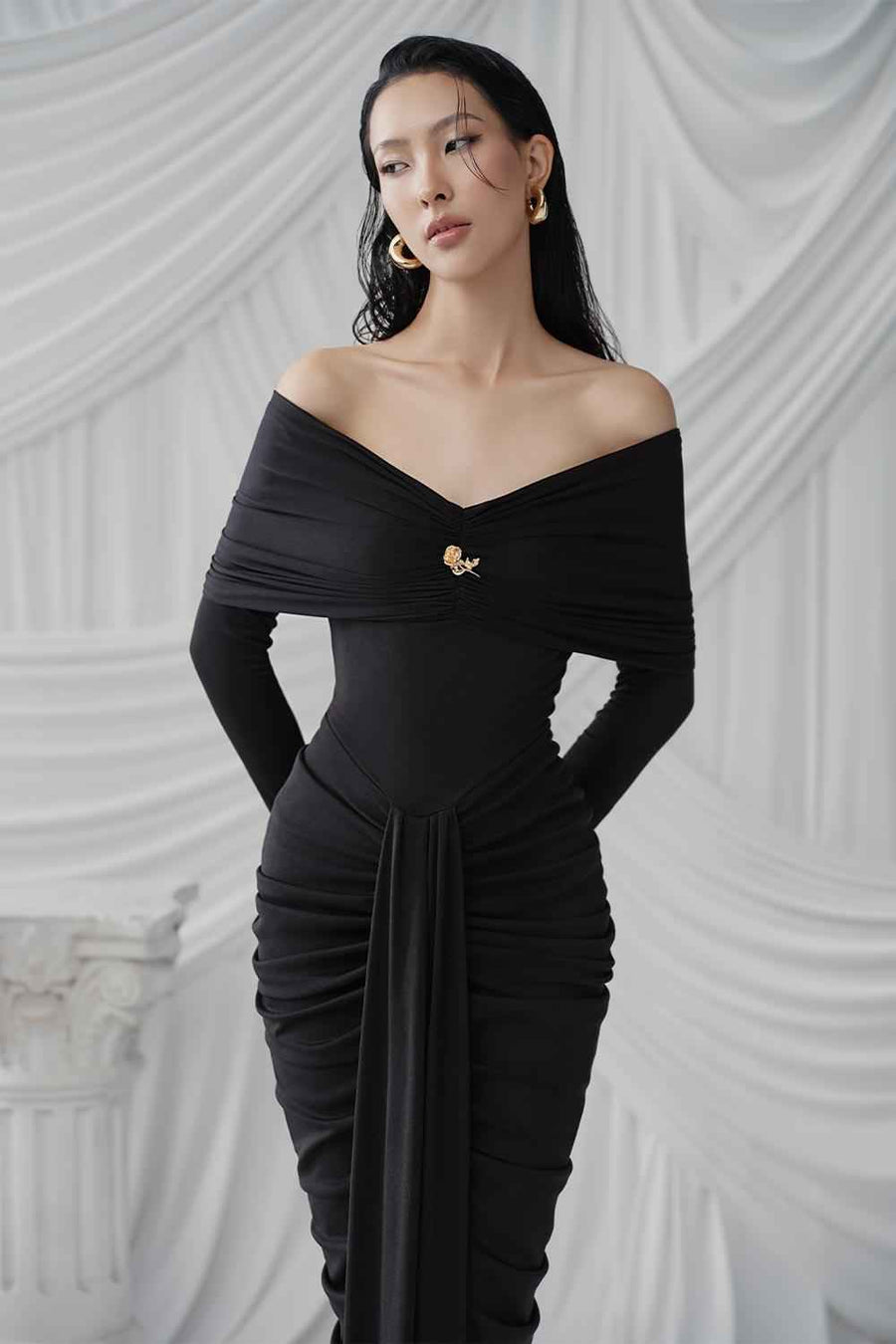 Gabrielle Gathered Extended Flap Cotton Jersey Ankle Length Dress Black Maxi Dress LaLING