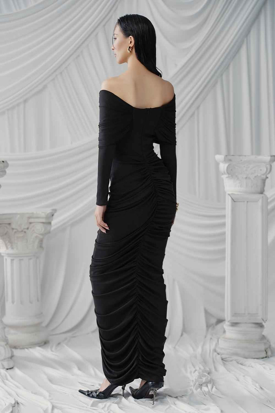Gabrielle Gathered Extended Flap Cotton Jersey Ankle Length Dress Maxi Dress LaLING