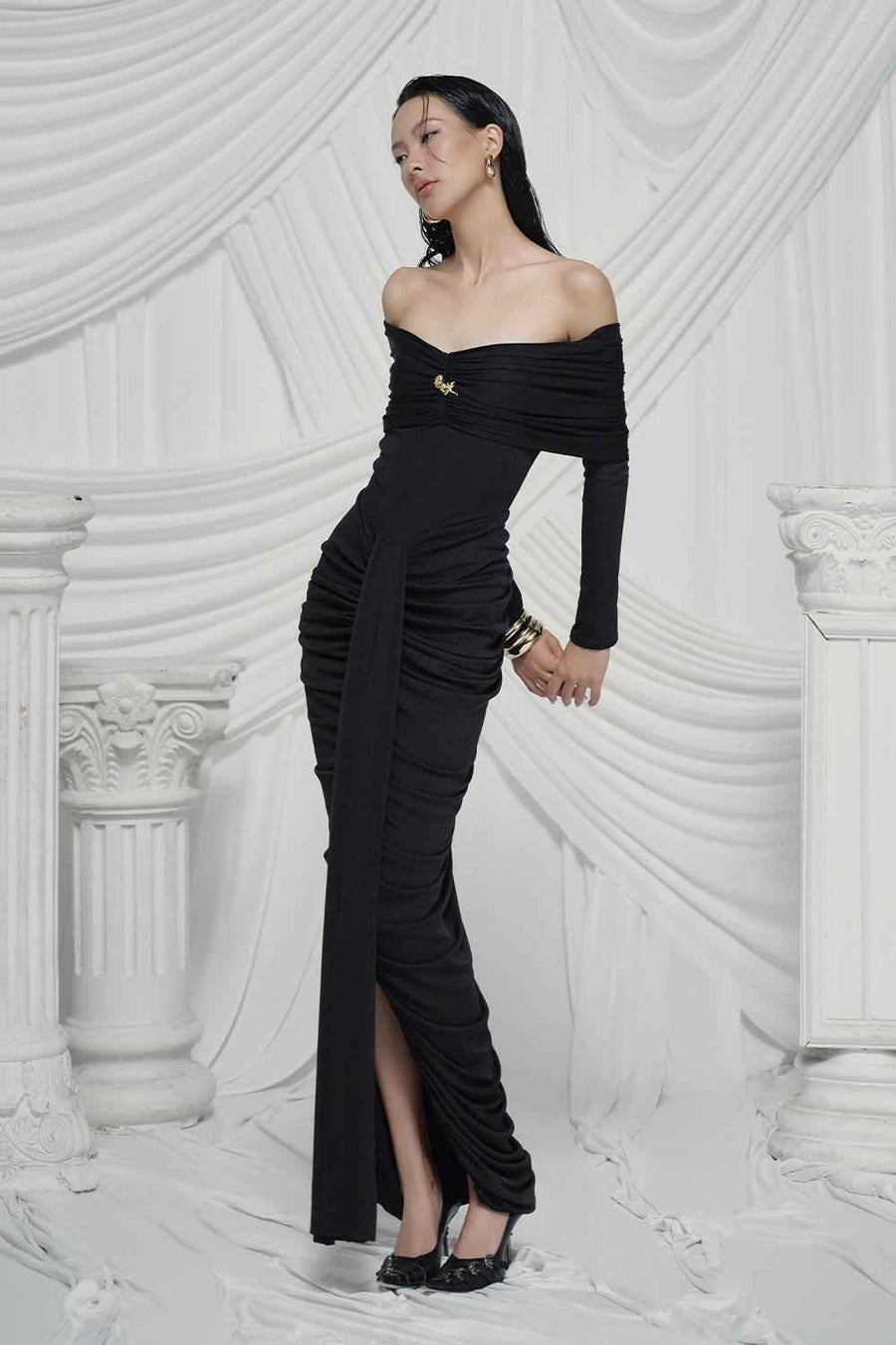 Gabrielle Gathered Extended Flap Cotton Jersey Ankle Length Dress Maxi Dress LaLING
