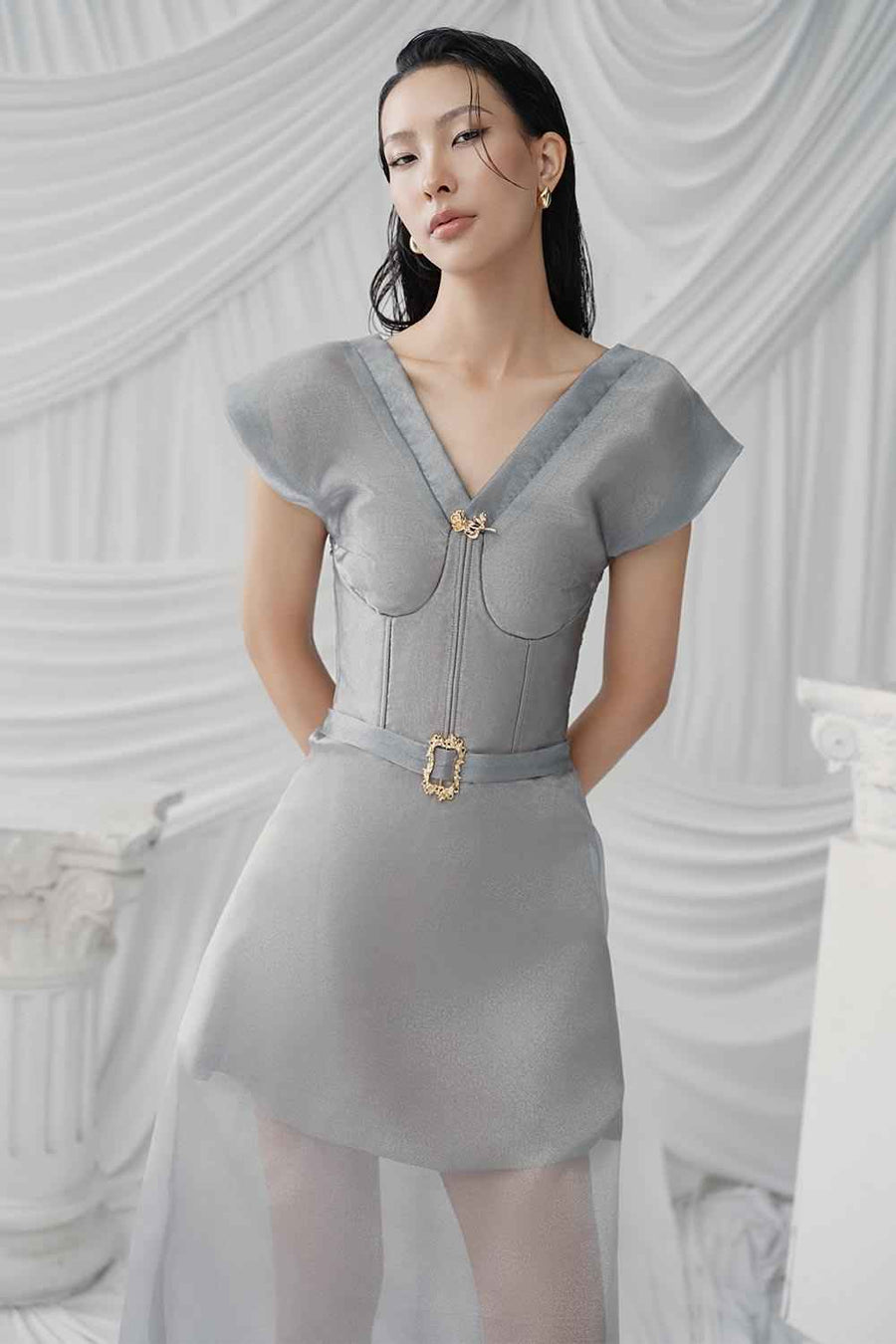 Delight A-line V-Neck Poly Organza Ankle Length Dress Silver Maxi Dress LaLING