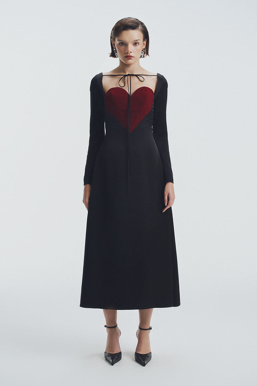 Crimson A-line Heart Neck Velvet Midi Dress Midi Dress LaLING
