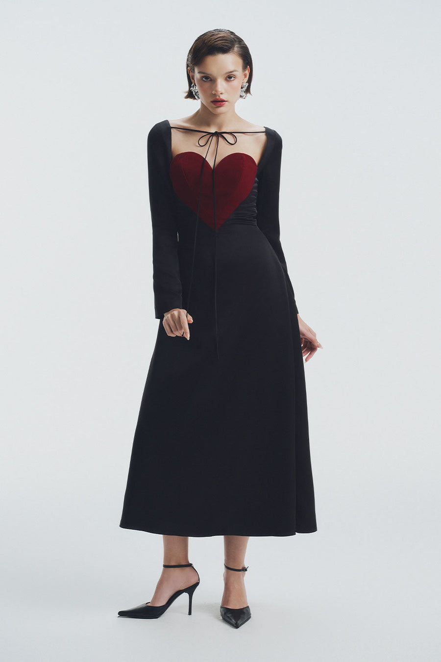 Crimson A-line Heart Neck Velvet Midi Dress Midi Dress LaLING