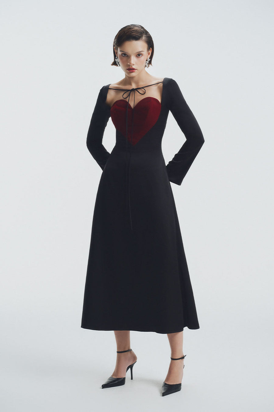 Crimson A-line Heart Neck Velvet Midi Dress Midi Dress LaLING