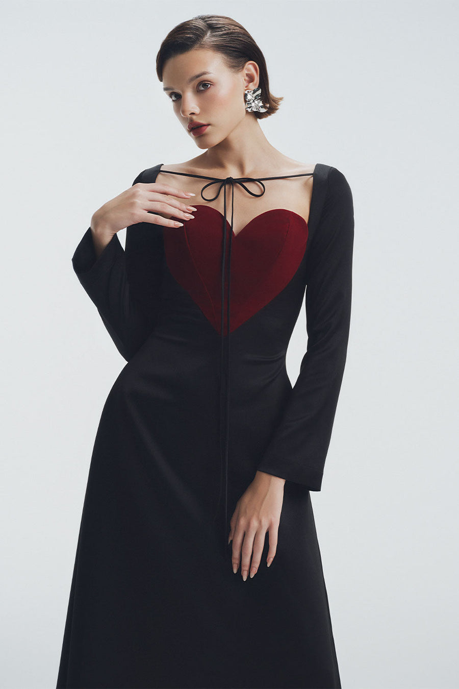 Crimson A-line Heart Neck Velvet Midi Dress Midi Dress LaLING