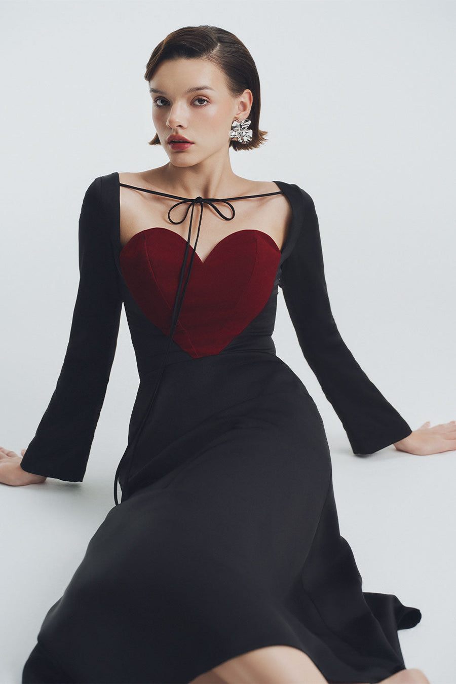 Crimson A-line Heart Neck Velvet Midi Dress Midi Dress LaLING