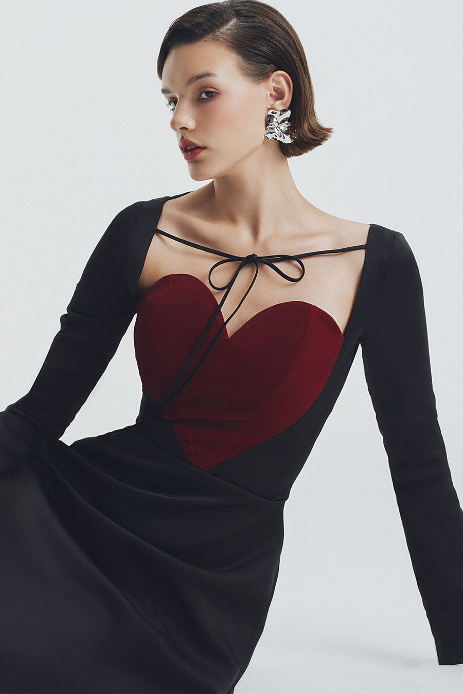 Crimson A-line Heart Neck Velvet Midi Dress Midi Dress LaLING